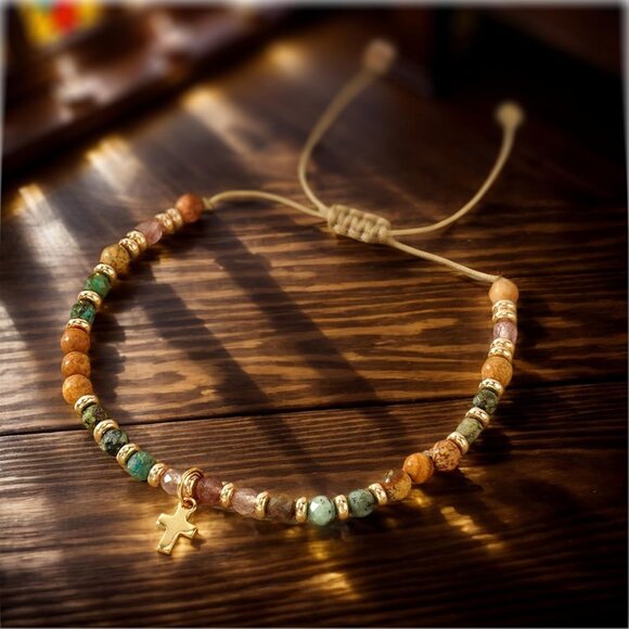 Natural Stone Cross Bracelet, Religious for Woman, Every Day God thinks of You - Picture 6 of 7